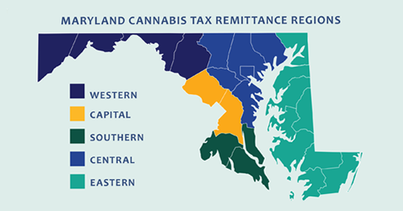 Map showing the 5 Maryland cannabis tax remittance regions: Western, Capital, Southern, Central and Eastern